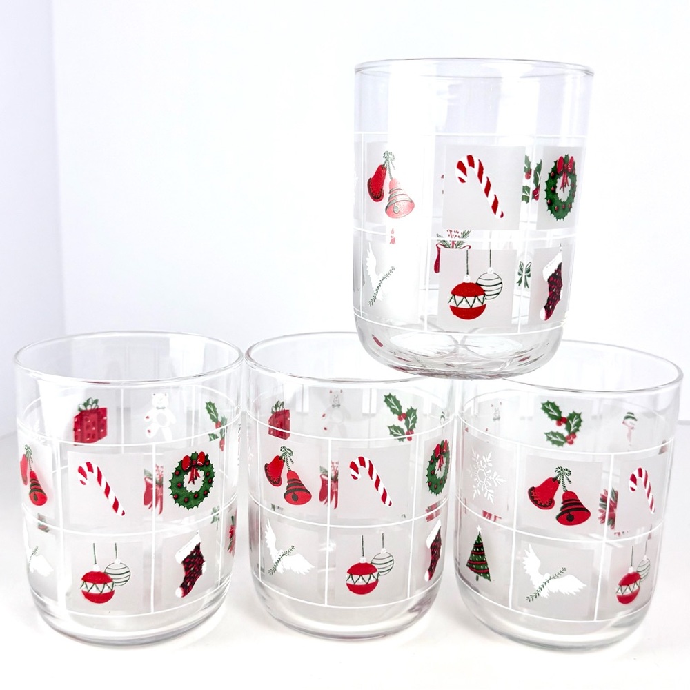 Vintage Libbey Christmas  Glasses w/Holiday Motifs Frosted Background Set Of 4